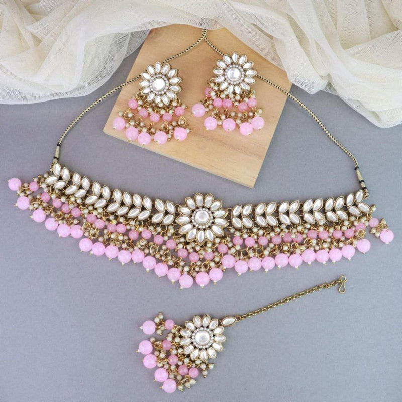 Etnico 18K Gold Plated Traditional Kundan Studded Pink Pearl Hanging Choker Necklace Jewellery Set With Earrings & Maang Tikka For Women & Girls (K7232Pi)