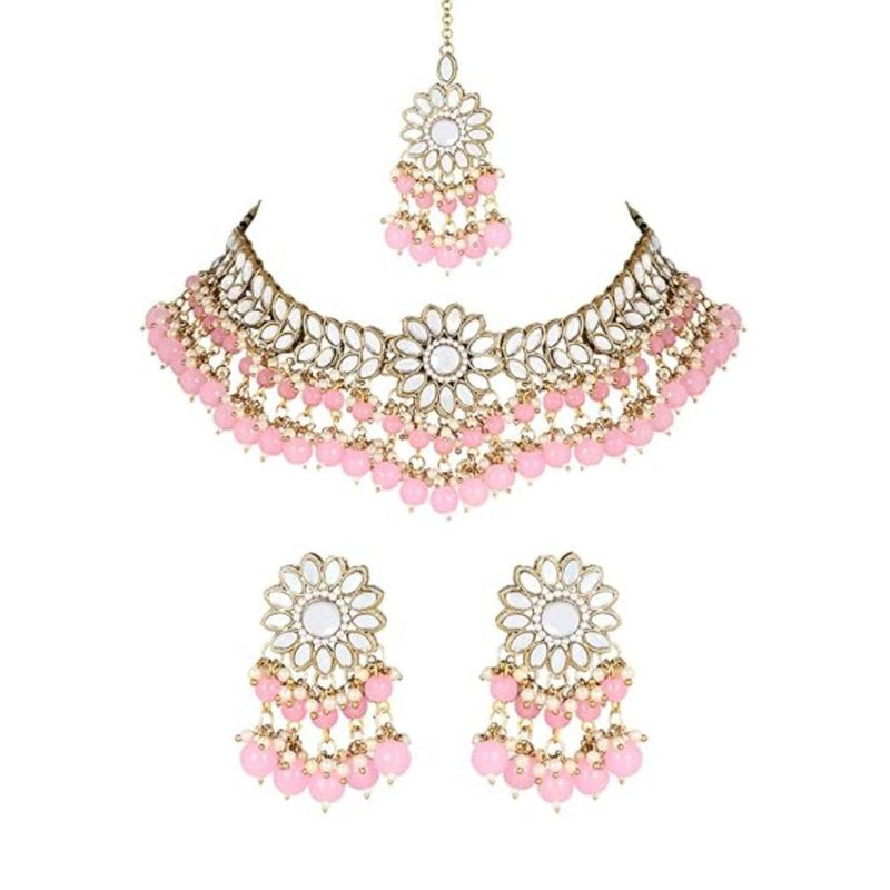 Etnico 18K Gold Plated Traditional Kundan Studded Pink Pearl Hanging Choker Necklace Jewellery Set With Earrings & Maang Tikka For Women & Girls (K7232Pi)