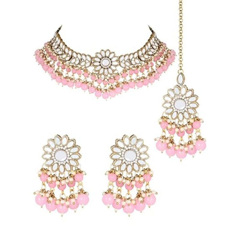 Etnico 18K Gold Plated Traditional Kundan Studded Pink Pearl Hanging Choker Necklace Jewellery Set With Earrings & Maang Tikka For Women & Girls (K7232Pi)