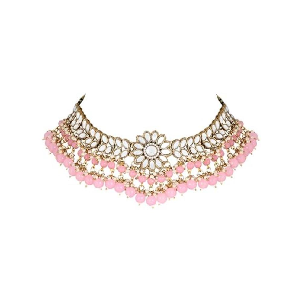 Etnico 18K Gold Plated Traditional Kundan Studded Pink Pearl Hanging Choker Necklace Jewellery Set With Earrings & Maang Tikka For Women & Girls (K7232Pi)