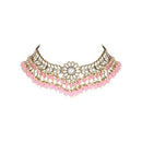 Etnico 18K Gold Plated Traditional Kundan Studded Pink Pearl Hanging Choker Necklace Jewellery Set With Earrings & Maang Tikka For Women & Girls (K7232Pi)
