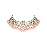 Etnico 18K Gold Plated Traditional Kundan Studded Pink Pearl Hanging Choker Necklace Jewellery Set With Earrings & Maang Tikka For Women & Girls (K7232Pi)