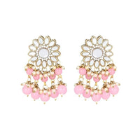 Etnico 18K Gold Plated Traditional Kundan Studded Pink Pearl Hanging Choker Necklace Jewellery Set With Earrings & Maang Tikka For Women & Girls (K7232Pi)