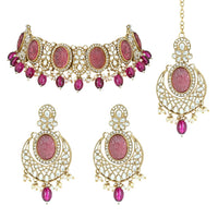 Etnico Gold Plated Traditional Red Pearl Kundan & Stone Studded Jewellery Necklace Set with Maang Tikka for Women (K7233Pu)