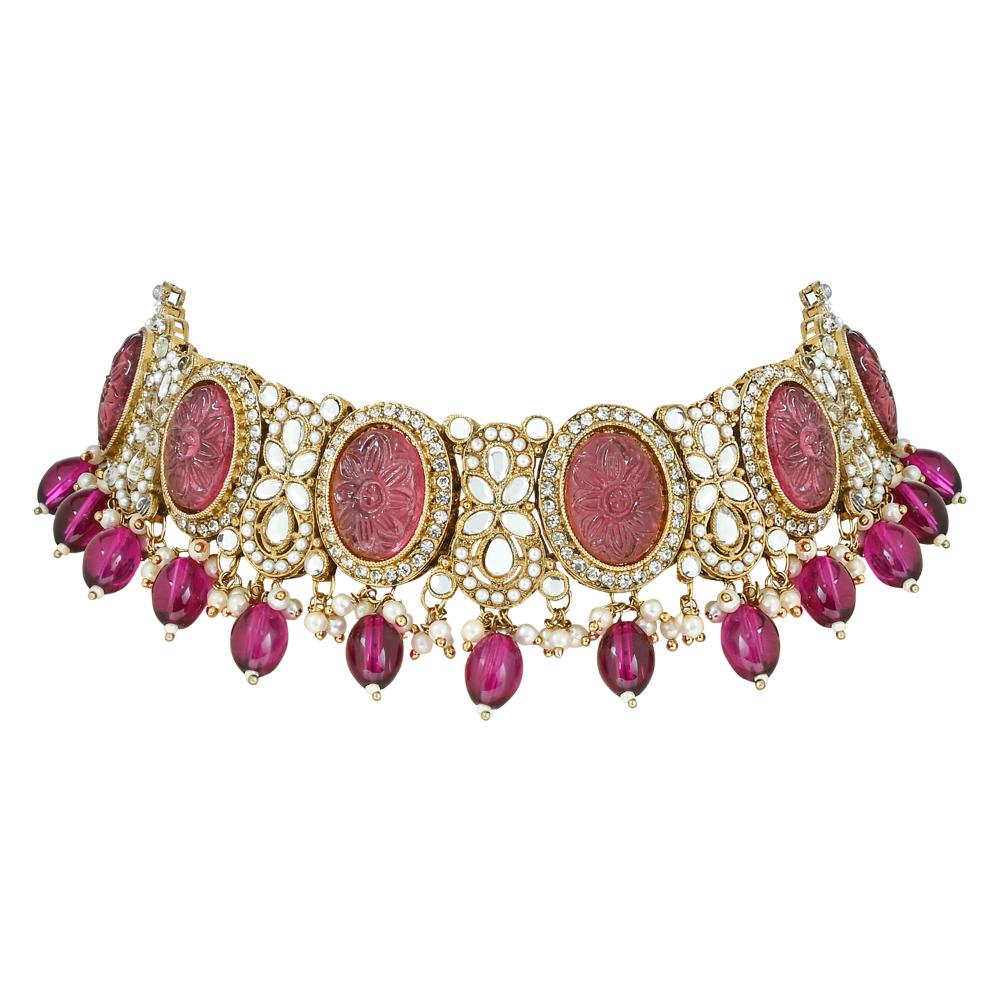 Etnico Gold Plated Traditional Red Pearl Kundan & Stone Studded Jewellery Necklace Set with Maang Tikka for Women (K7233Pu)