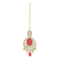 Etnico Gold Plated Traditional Red Pearl Kundan & Stone Studded Jewellery Necklace Set with Maang Tikka for Women (K7233R)