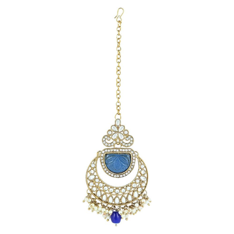 Etnico Gold Plated Traditional Pearl Kundan & Stone Studded Jewellery Necklace Set with Maang Tikka for Women (K7235) (Blue)