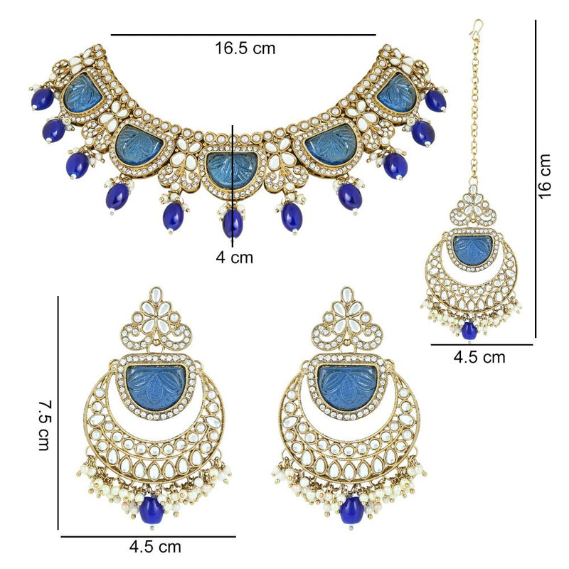 Etnico Gold Plated Traditional Pearl Kundan & Stone Studded Jewellery Necklace Set with Maang Tikka for Women (K7235) (Blue)