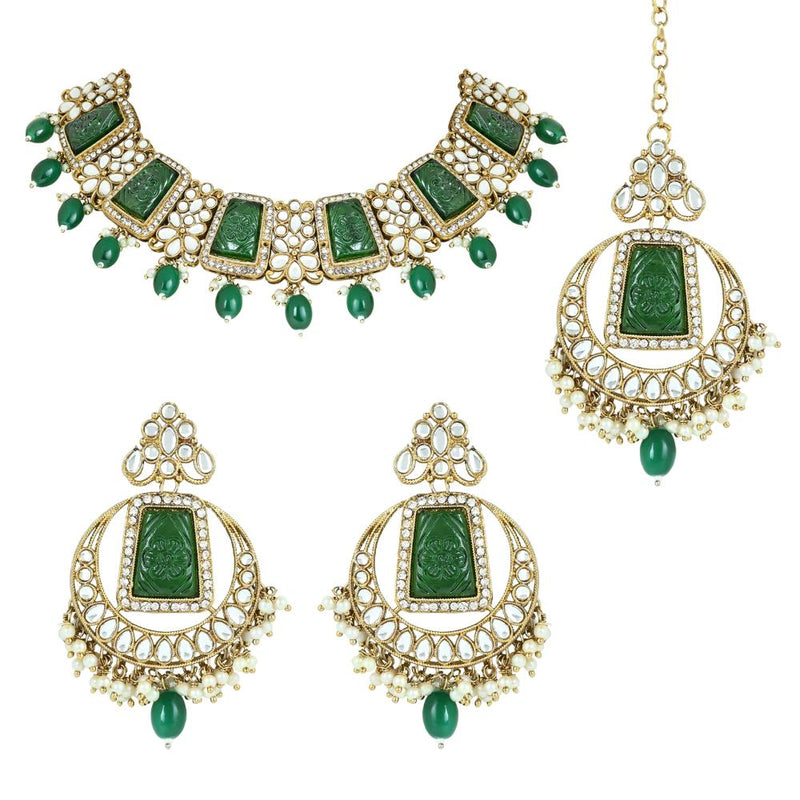 Etnico Gold Plated Traditional Pearl Kundan & Stone Studded Jewellery Necklace Set with Maang Tikka for Women (K7237G)