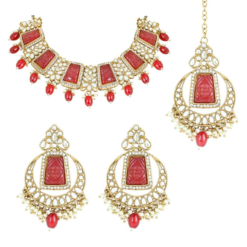 Etnico Gold Plated Traditional Pearl Kundan & Stone Studded Jewellery Necklace Set with Maang Tikka for Women (K7237R)