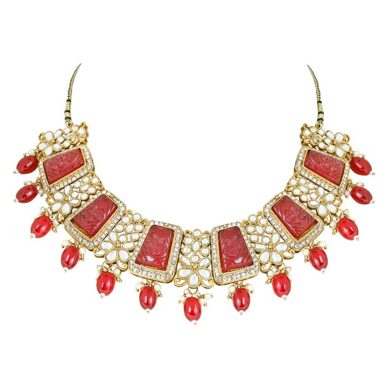 Etnico Gold Plated Traditional Pearl Kundan & Stone Studded Jewellery Necklace Set with Maang Tikka for Women (K7237R)