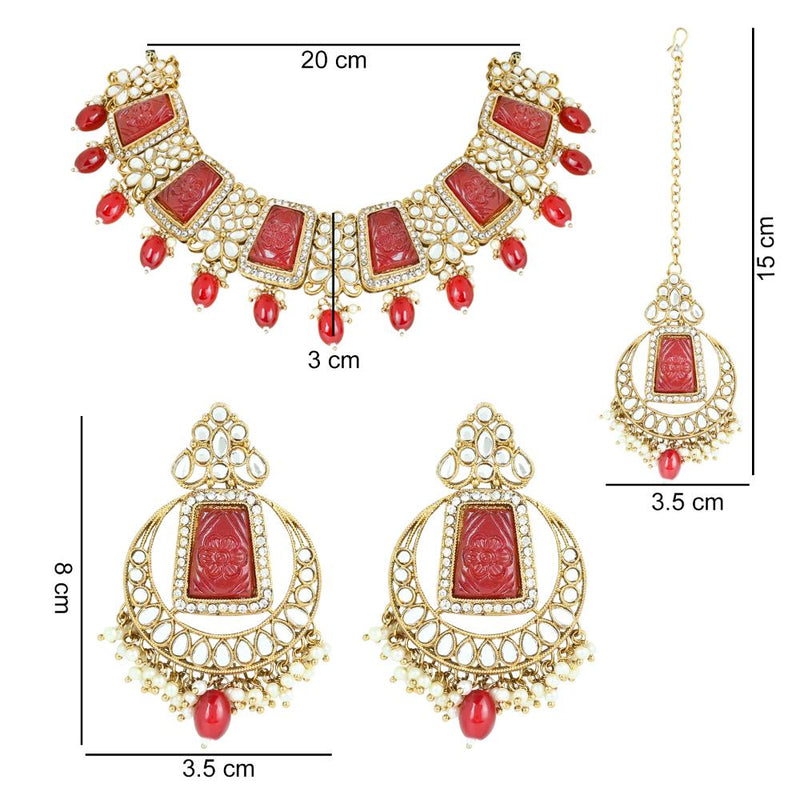 Etnico Gold Plated Traditional Pearl Kundan & Stone Studded Jewellery Necklace Set with Maang Tikka for Women (K7237R)