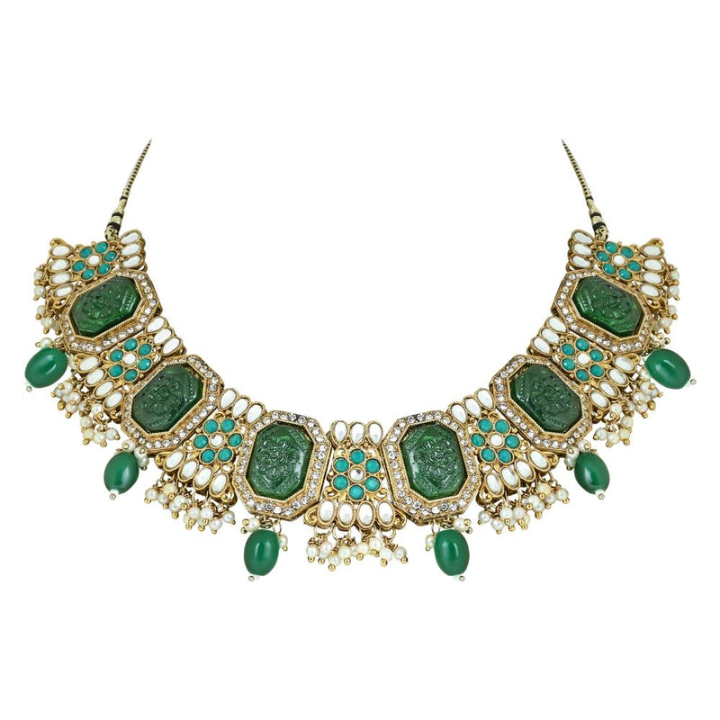 Etnico Gold Plated Traditional Pearl Kundan & Stone Studded Jewellery Necklace Set with Maang Tikka for Women (K7237G)