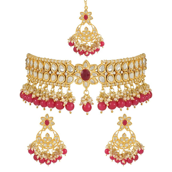 Etnico Gold Plated Traditional Pearl Kundan Studded Choker Jewellery Necklace Set with Maang Tikka for Women (K7242Q)