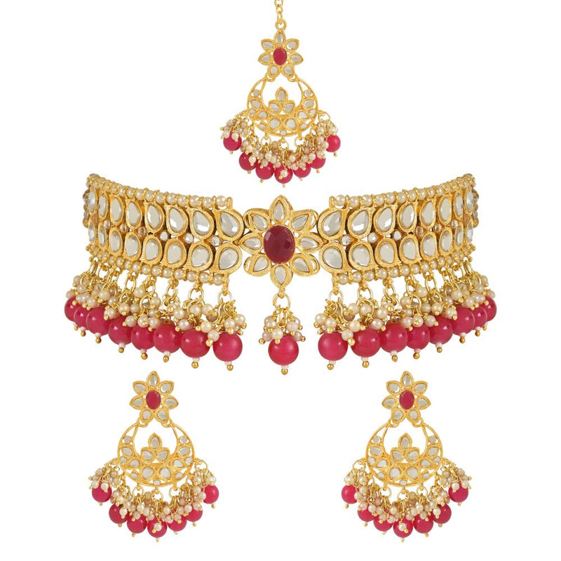 Etnico Gold Plated Traditional Pearl Kundan Studded Choker Jewellery Necklace Set with Maang Tikka for Women (K7242Q)