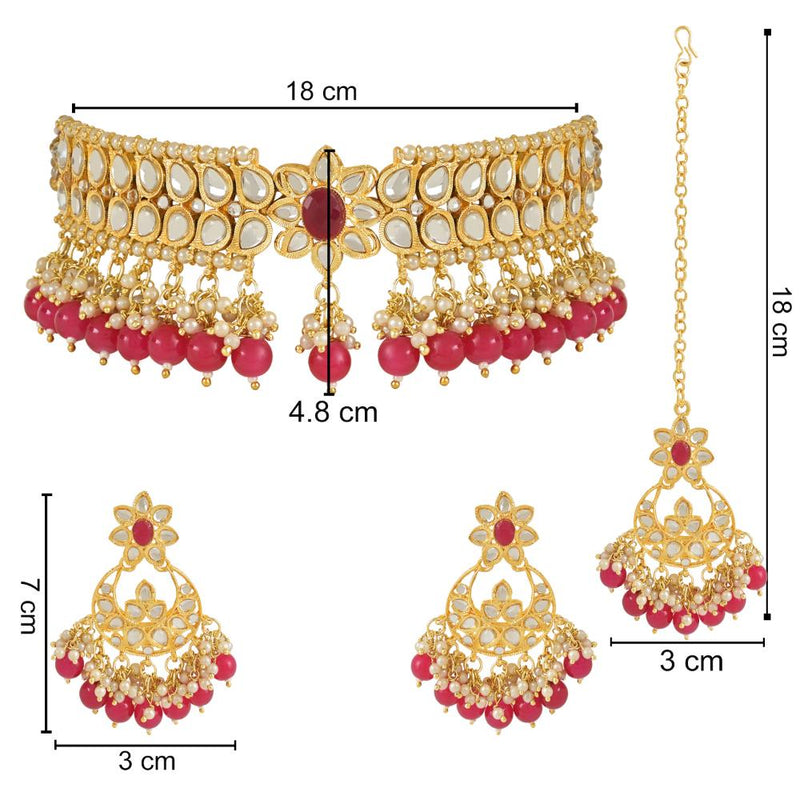 Etnico Gold Plated Traditional Pearl Kundan Studded Choker Jewellery Necklace Set with Maang Tikka for Women (K7242Q)