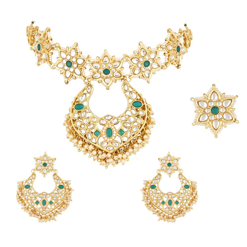 Etnico Gold Plated Traditional Handcrafted Stone Studded Pearl Choker Necklace Jewellery Set With Earrings & Finger ring For Women And Girls (K7243G)