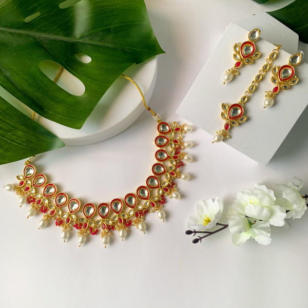 Etnico Gold Plated Traditional Pearl Kundan Studded Floral Necklace With Earring Maang Tikka Set For Women And Girls (K7249Q)