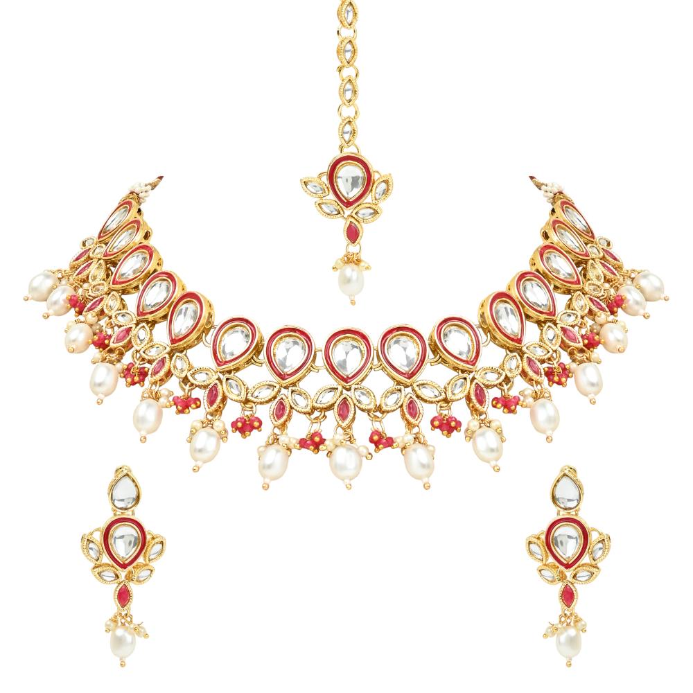 Etnico Gold Plated Traditional Pearl Kundan Studded Floral Necklace With Earring Maang Tikka Set For Women And Girls (K7249Q)