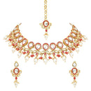 Etnico Gold Plated Traditional Pearl Kundan Studded Floral Necklace With Earring Maang Tikka Set For Women And Girls (K7249Q)