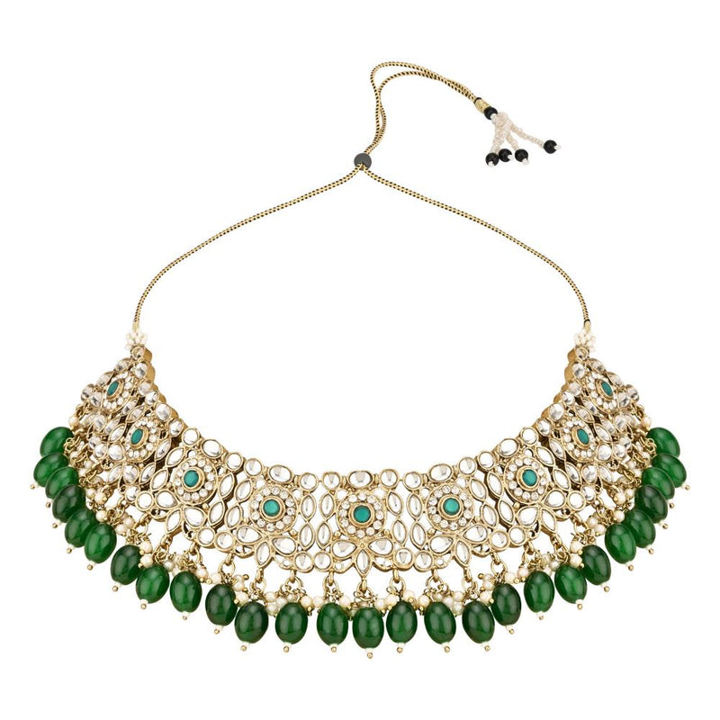 Etnico Gold Plated Traditional Kundan Pearl Drop Bridal Choker Necklace With Chandbali Earrings & Maang Tikka Jewellery Set For Women/Girls (K7256G)