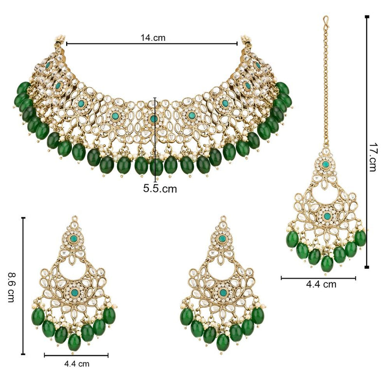 Etnico Gold Plated Traditional Kundan Pearl Drop Bridal Choker Necklace With Chandbali Earrings & Maang Tikka Jewellery Set For Women/Girls (K7256G)