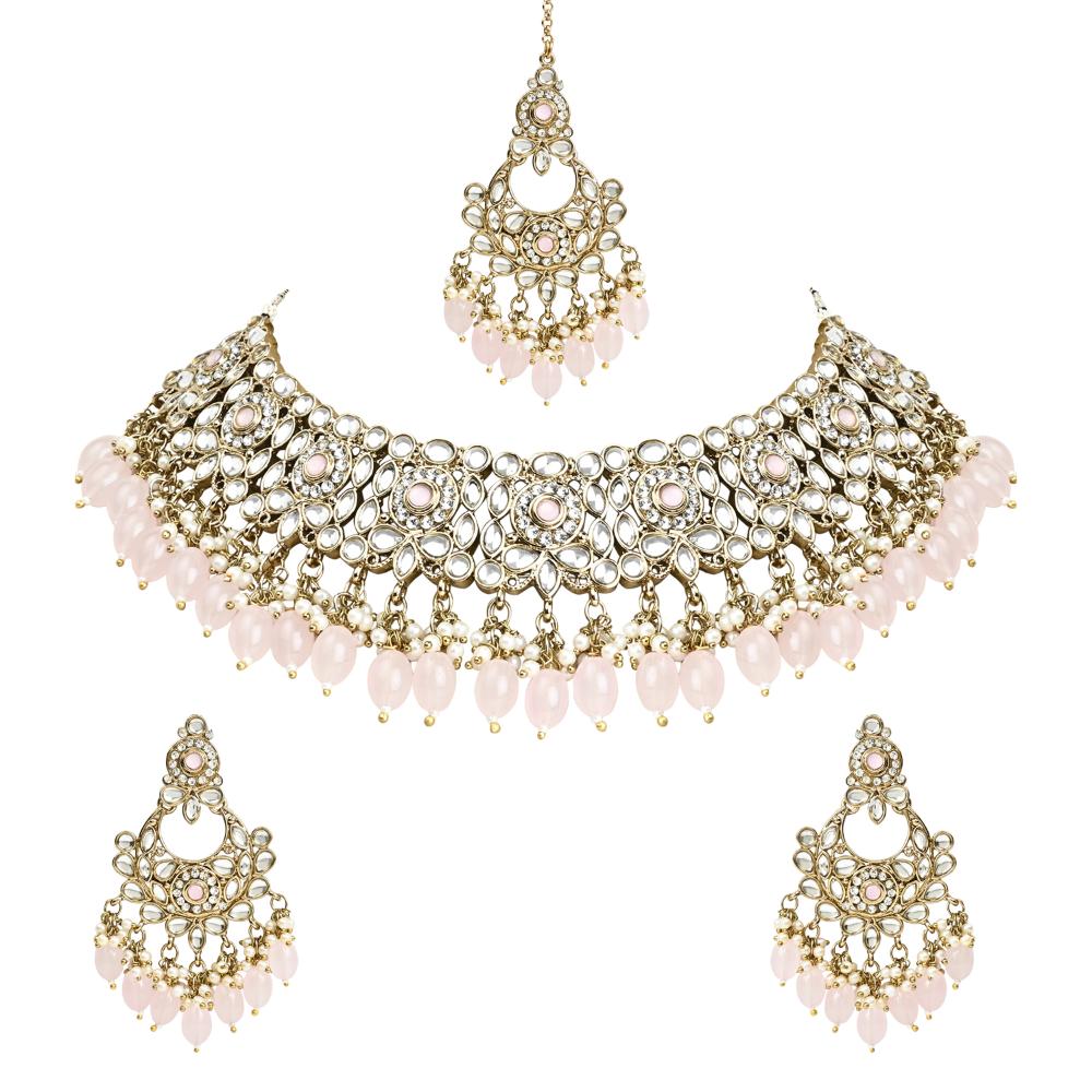 Etnico Gold Plated Traditional Kundan Pearl Drop Bridal Choker Necklace With Chandbali Earrings & Maang Tikka Jewellery Set For Women/Girls (K7256Pi)