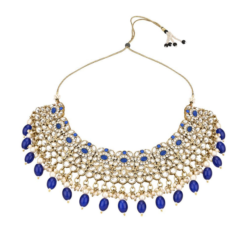 Etnico Gold Plated Traditional Kundan Pearl Drop Bridal Choker Necklace With Chandbali Earrings & Maang Tikka Jewellery Set For Women/Girls (K7257Bl)