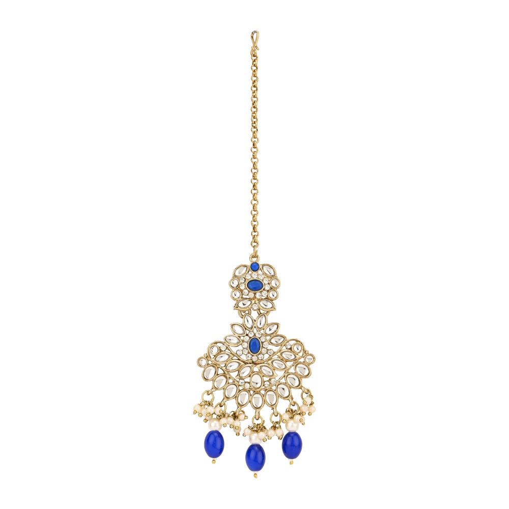 Etnico Gold Plated Traditional Kundan Pearl Drop Bridal Choker Necklace With Chandbali Earrings & Maang Tikka Jewellery Set For Women/Girls (K7257Bl)