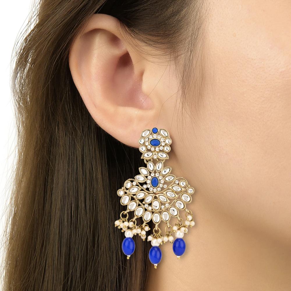 Etnico Gold Plated Traditional Kundan Pearl Drop Bridal Choker Necklace With Chandbali Earrings & Maang Tikka Jewellery Set For Women/Girls (K7257Bl)