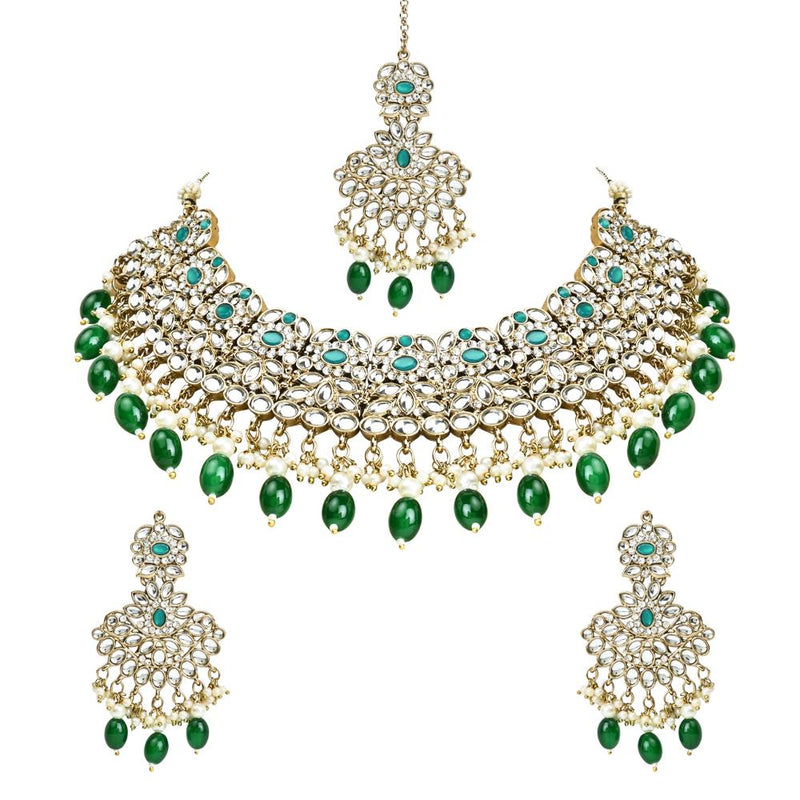 Etnico Gold Plated Traditional Kundan Pearl Drop Bridal Choker Necklace With Chandbali Earrings & Maang Tikka Jewellery Set For Women/Girls (K7257G)