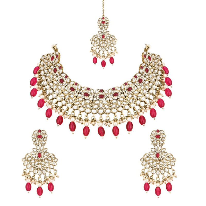 Etnico Gold Plated Traditional Kundan Pearl Drop Bridal Choker Necklace With Chandbali Earrings & Maang Tikka Jewellery Set For Women/Girls (K7257Q)