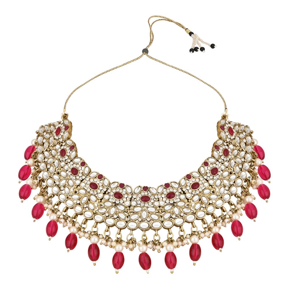 Etnico Gold Plated Traditional Kundan Pearl Drop Bridal Choker Necklace With Chandbali Earrings & Maang Tikka Jewellery Set For Women/Girls (K7257Q)