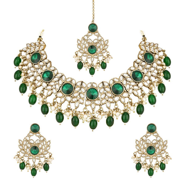 Etnico Gold Plated Traditional Kundan Pearl Drop Bridal Choker Necklace With Chandbali Earrings & Maang Tikka Jewellery Set For Women/Girls (K7258G)