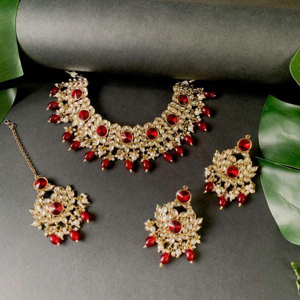 Etnico Gold Plated Traditional Kundan Pearl Drop Bridal Choker Necklace With Chandbali Earrings & Maang Tikka Jewellery Set For Women/Girls (K7258M)