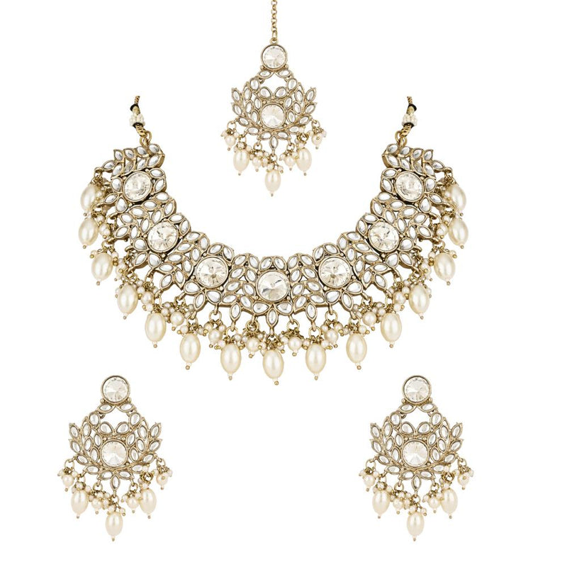 Etnico Gold Plated Traditional Kundan Pearl Drop Bridal Choker Necklace With Chandbali Earrings & Maang Tikka Jewellery Set For Women/Girls (K7258W)