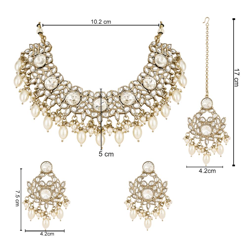 Etnico Gold Plated Traditional Kundan Pearl Drop Bridal Choker Necklace With Chandbali Earrings & Maang Tikka Jewellery Set For Women/Girls (K7258W)