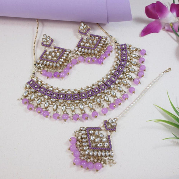 Etnico Gold Plated Traditional Kundan Pearl Drop Choker Necklace Jewellery & Dangle Earrings Set For Women(K7273) (Purple)