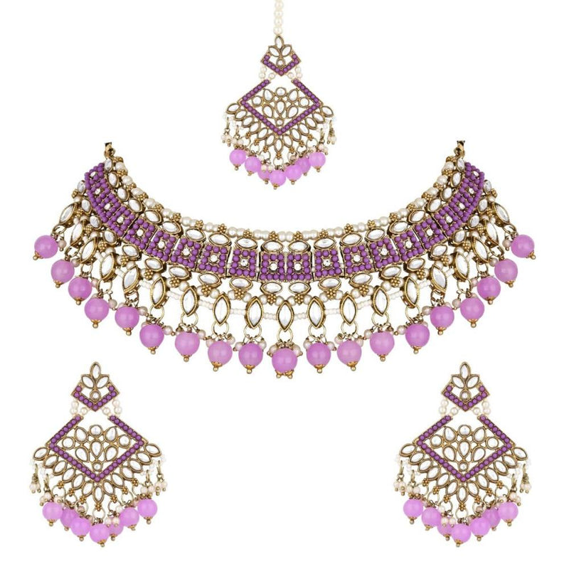 Etnico Gold Plated Traditional Kundan Pearl Drop Choker Necklace Jewellery & Dangle Earrings Set For Women(K7273) (Purple)