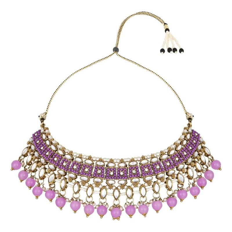 Etnico Gold Plated Traditional Kundan Pearl Drop Choker Necklace Jewellery & Dangle Earrings Set For Women(K7273) (Purple)