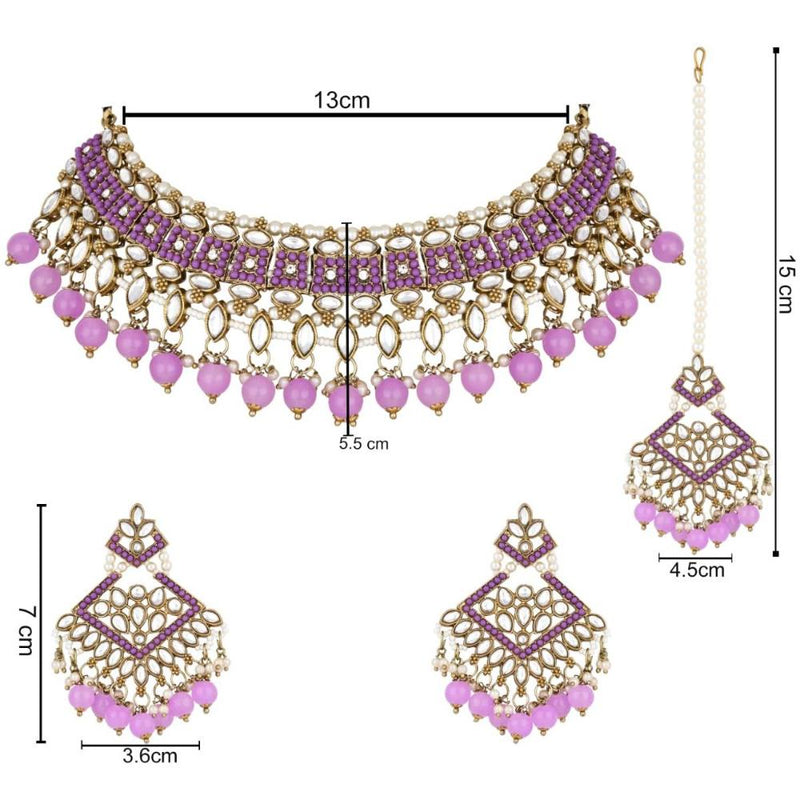 Etnico Gold Plated Traditional Kundan Pearl Drop Choker Necklace Jewellery & Dangle Earrings Set For Women(K7273) (Purple)