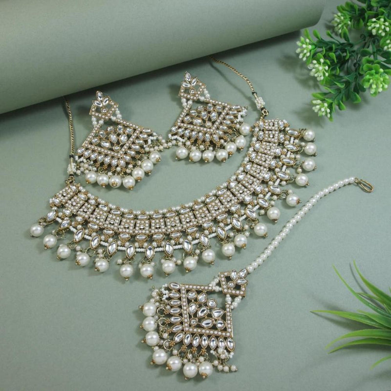 Etnico Gold Plated Traditional Kundan Pearl Drop Choker Necklace Jewellery & Dangle Earrings Set For Women(K7273) (White)