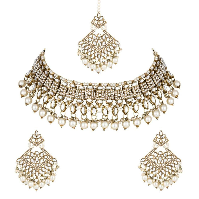 Etnico Gold Plated Traditional Kundan Pearl Drop Choker Necklace Jewellery & Dangle Earrings Set For Women(K7273) (White)