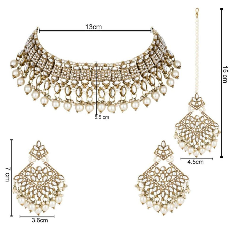 Etnico Gold Plated Traditional Kundan Pearl Drop Choker Necklace Jewellery & Dangle Earrings Set For Women(K7273) (White)