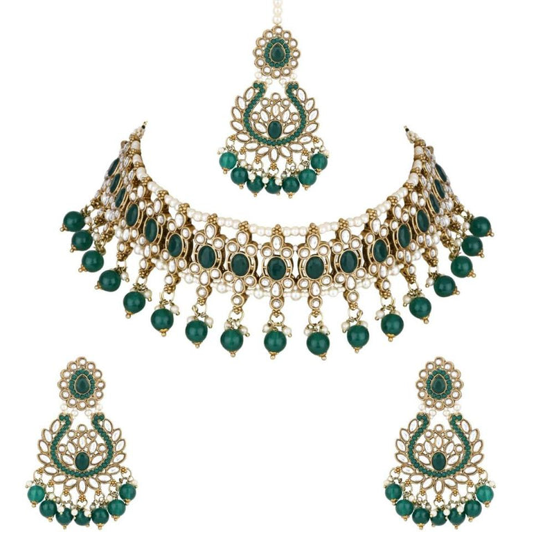 Etnico Gold Plated Traditional Kundan & Pearl Drop Choker Necklace With Earrings & Maang Tikka Set For Women (K7276G)