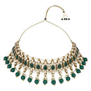 Etnico Gold Plated Traditional Kundan & Pearl Drop Choker Necklace With Earrings & Maang Tikka Set For Women (K7276G)