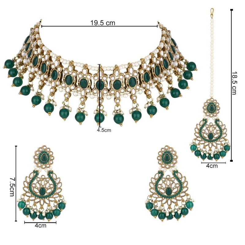 Etnico Gold Plated Traditional Kundan & Pearl Drop Choker Necklace With Earrings & Maang Tikka Set For Women (K7276G)