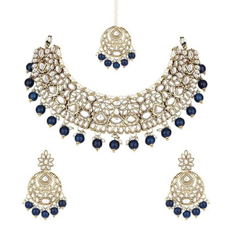 Etnico Gold Plated Traditional Kundan & Pearl Drop Choker Necklace With Earrings & Maang Tikka Set For Women (K7277Bl)