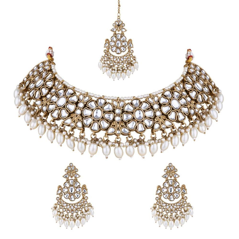 Etnico Gold Plated Traditional Kundan & Pearl Drop Choker Necklace With Earrings & Maang Tikka Set For Women (K7290W)