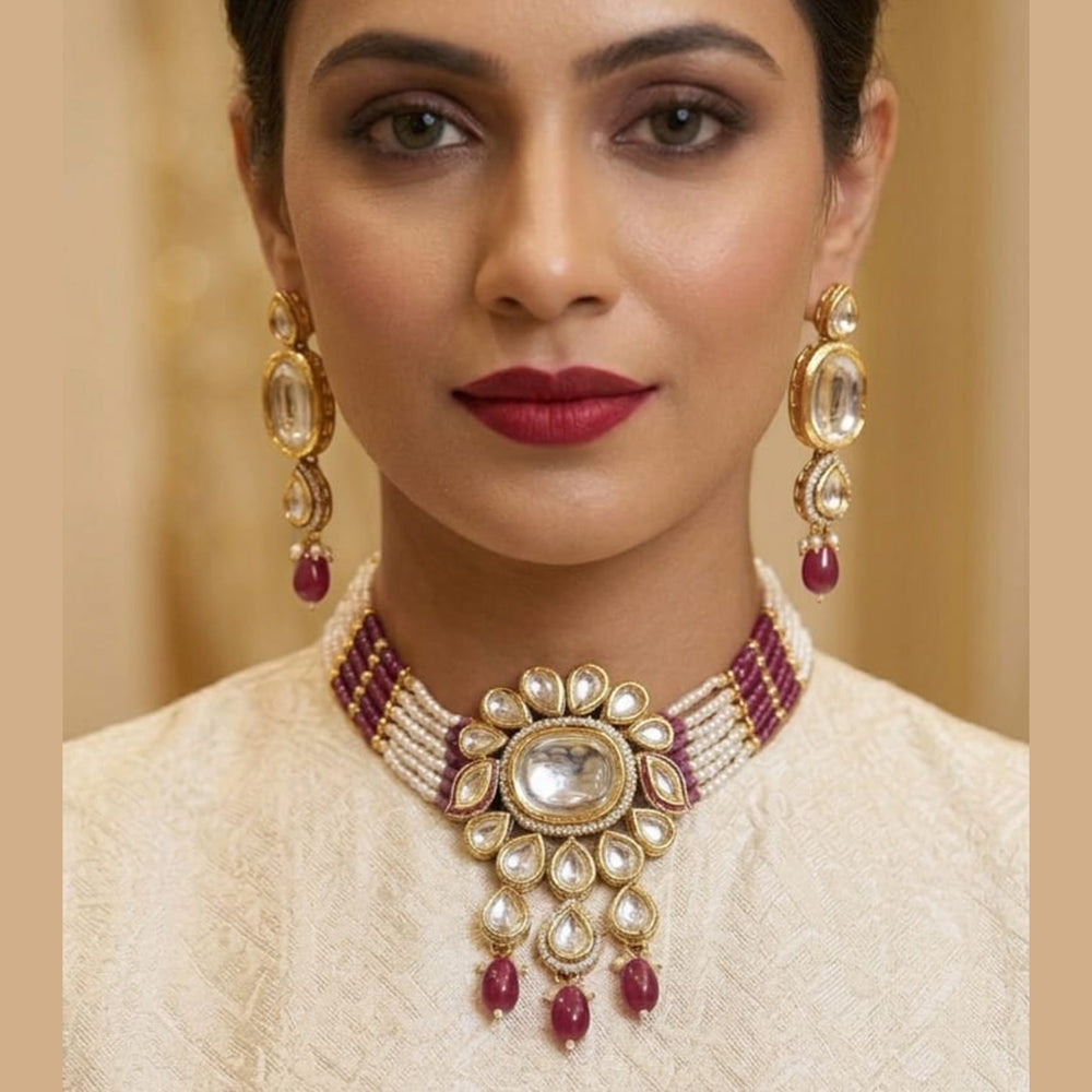 Knigght Angel Traditional Kundan Stone Pearl And Beads Choker Necklace Set